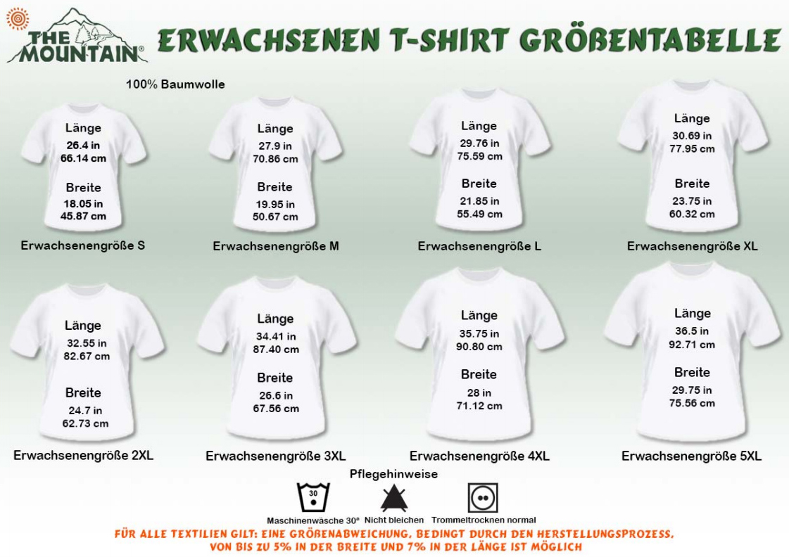 The Mountain Shirts - Größentabelle T-Shirts Erwachsene nach Hersteller-Angaben