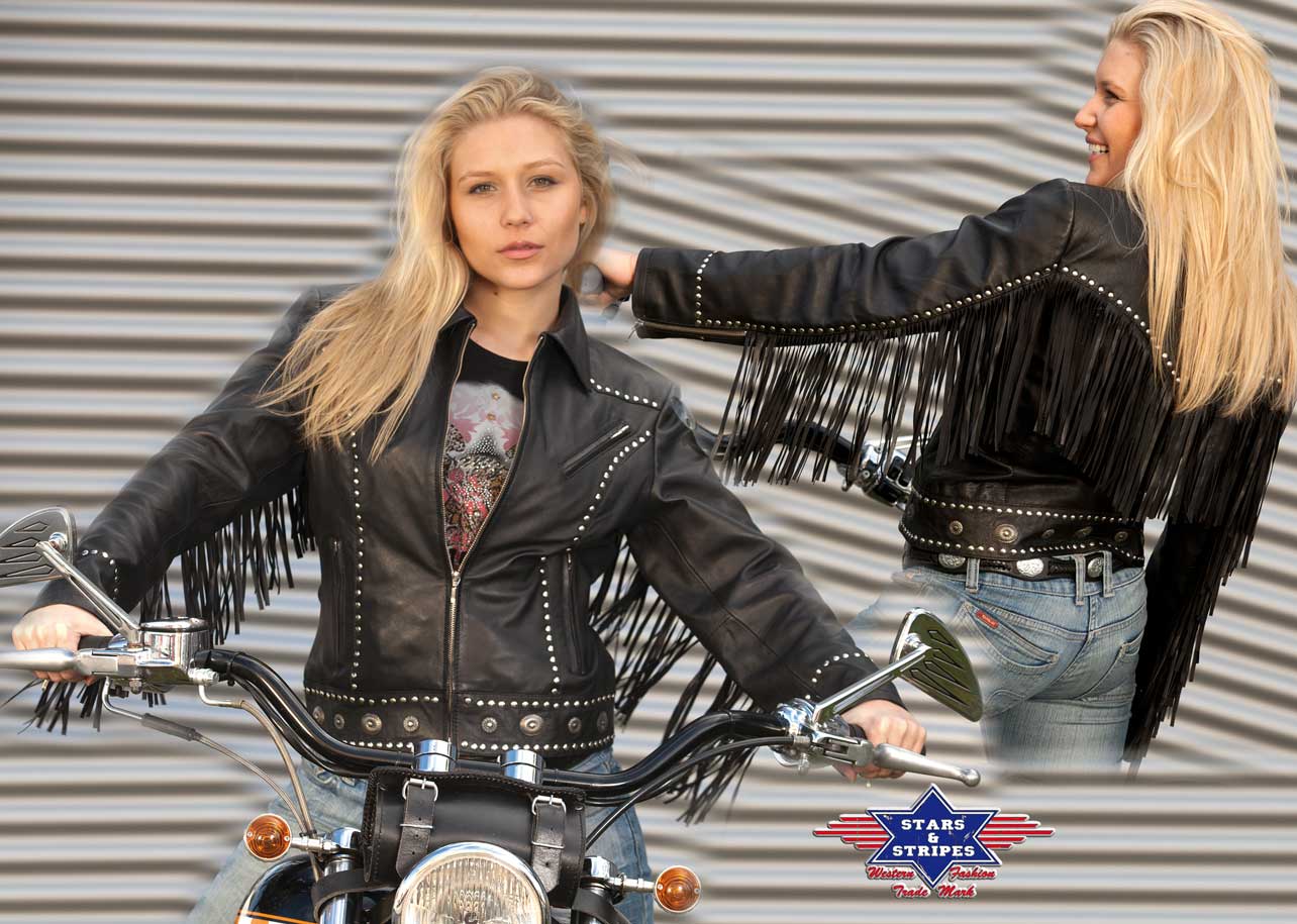 Fransen-Lederjacke für Damen Brooklyn, im Bikerstil mit Fransen. Marke: Stars & Stripes