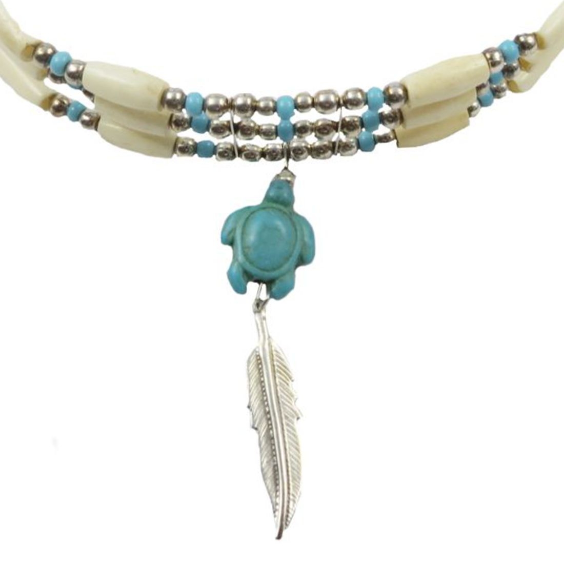 Indianerschmuck - Kette - Buffalo Bone Turquoise Turtle Choker, 3 Reihen, Weiß / Türkis