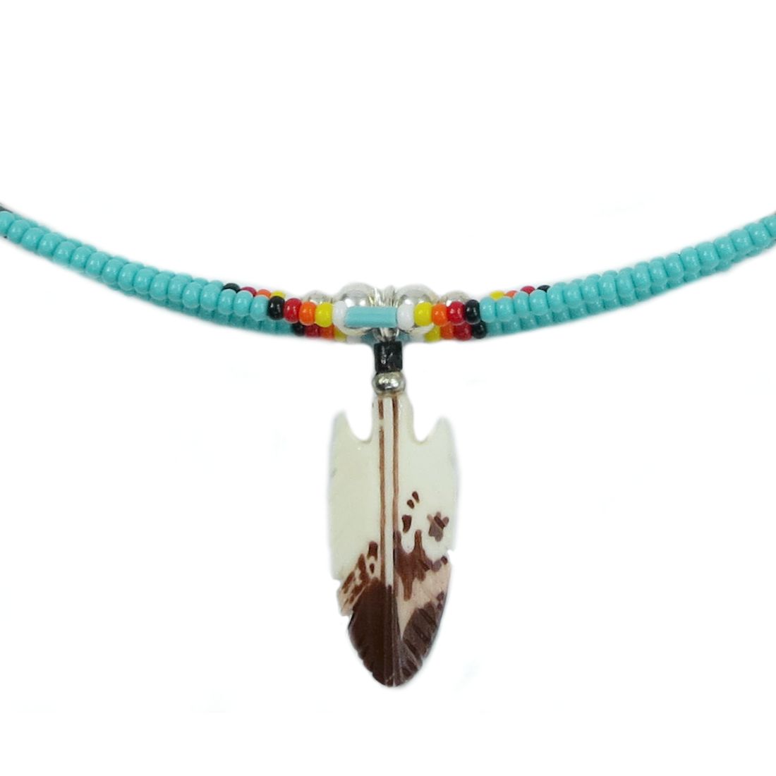 Indianerschmuck - Kette - Beaded Feather Choker, 3 Reihen - Türkis