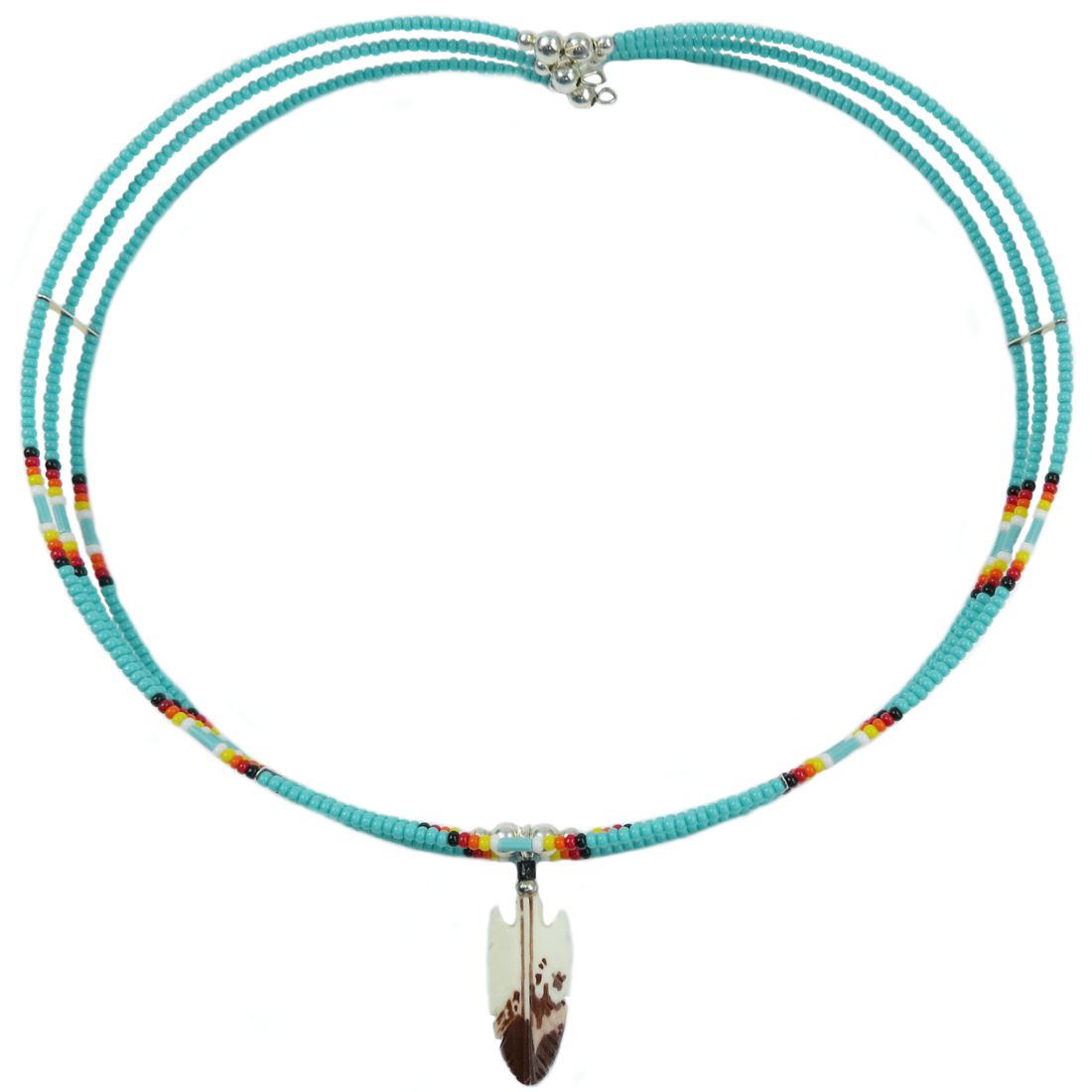 Indianerschmuck - Kette - Beaded Feather Choker, 3 Reihen - Türkis