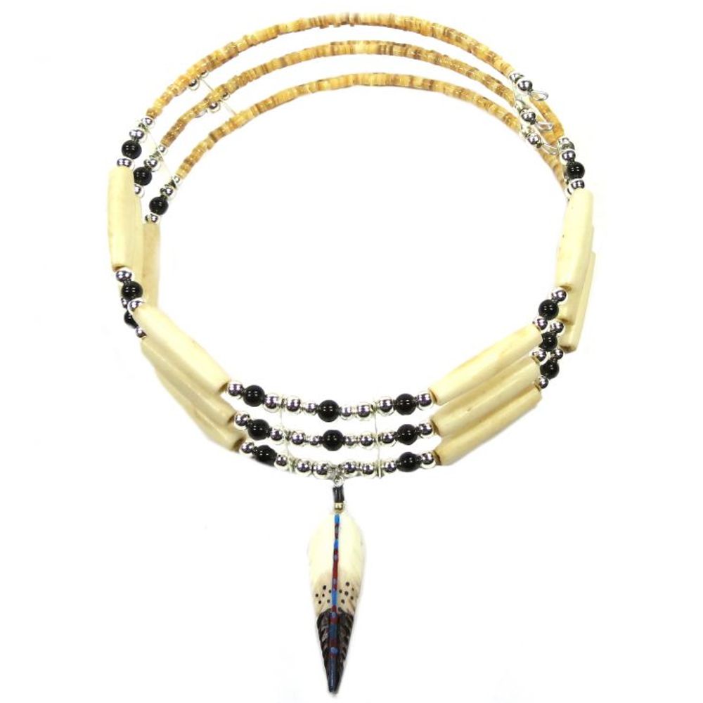 Indianerschmuck - Kette - Buffalo Bone Feather Choker, 3 Reihen, Weiß / Schwarz