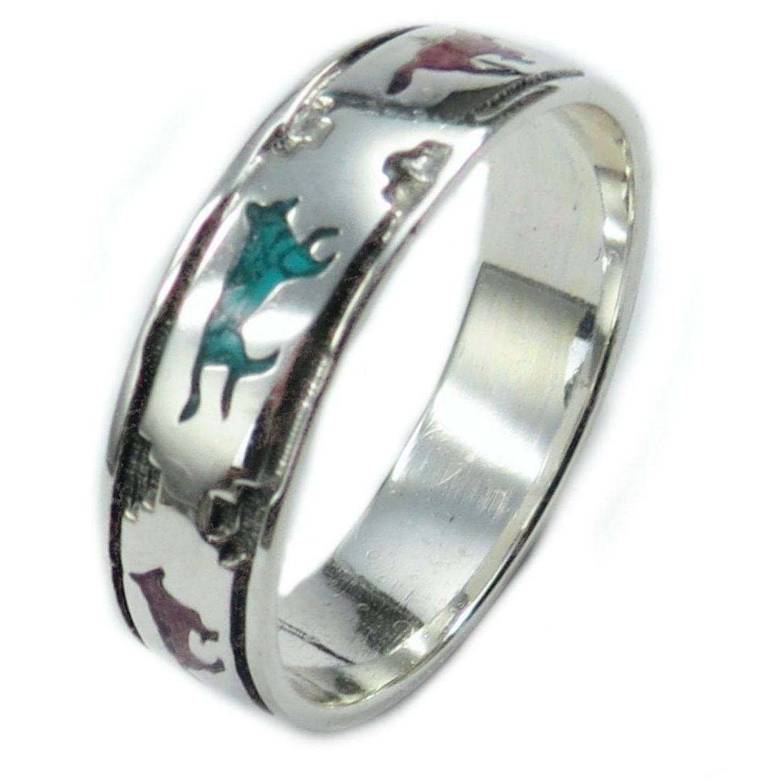 Indianerschmuck Ring aus Sterling Silber - Wolves On The Run, Türkis / Koralle